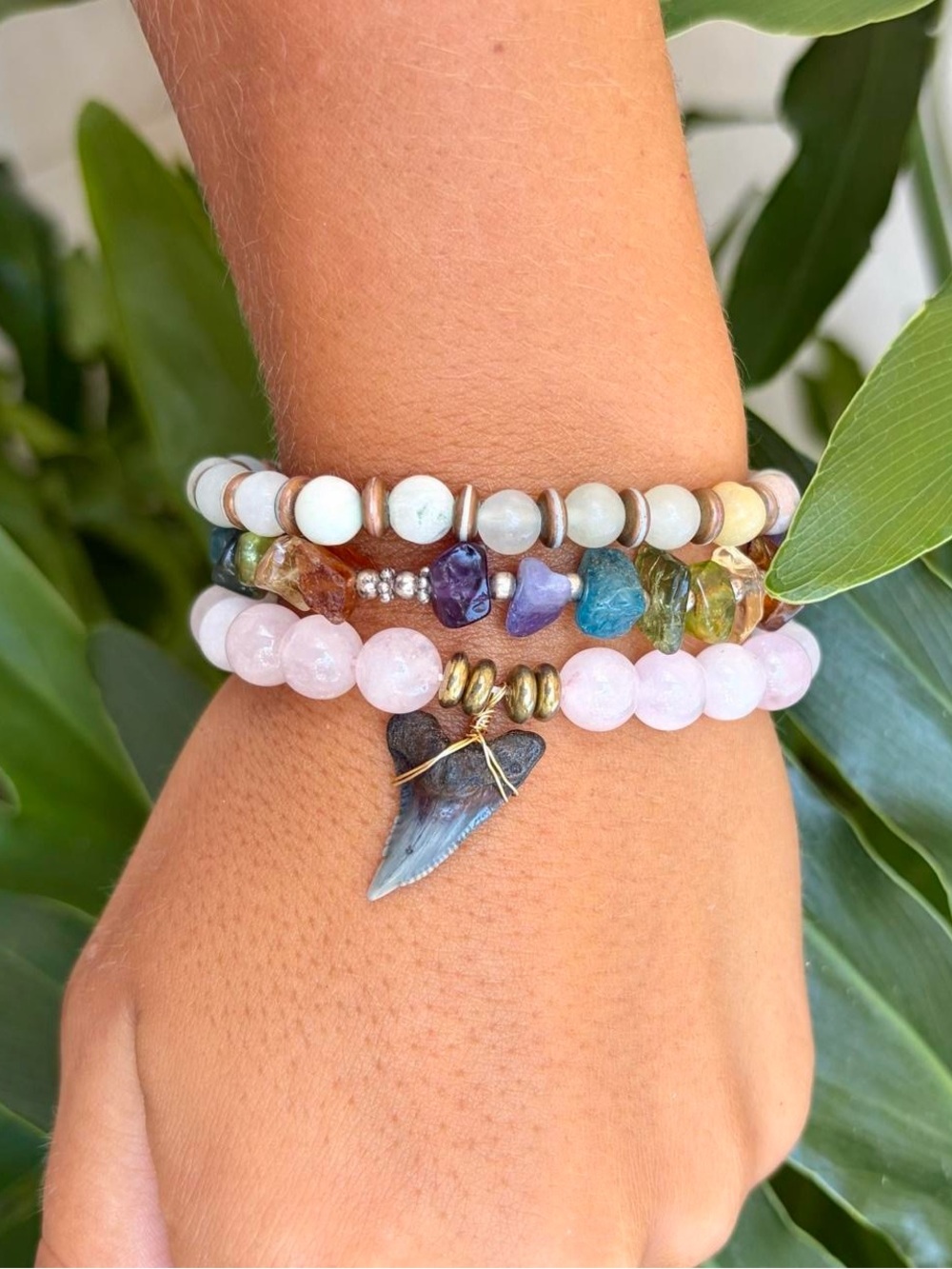 Handmade Rose Quartz Shark Tooth Bracelet